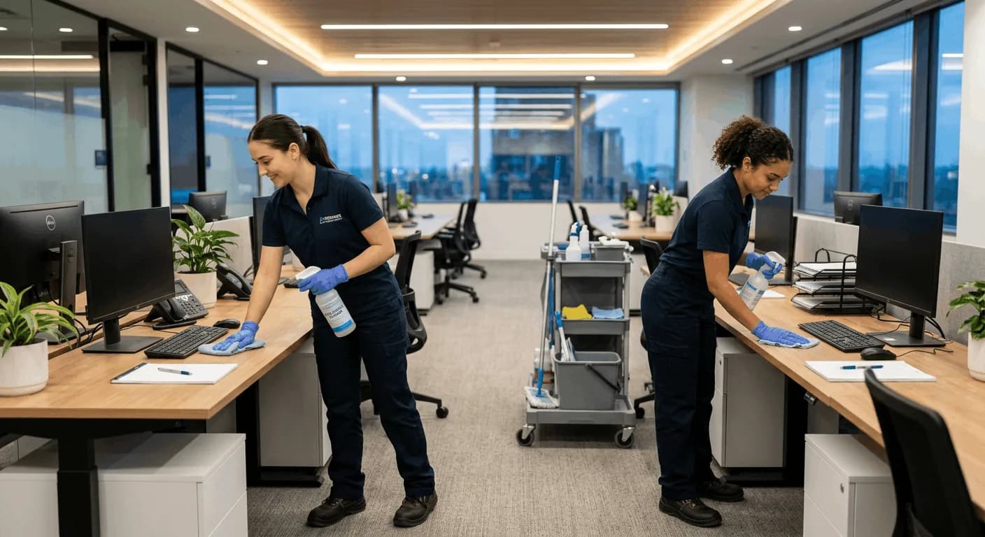 Gloved hand wiping down a desk in a commercial office