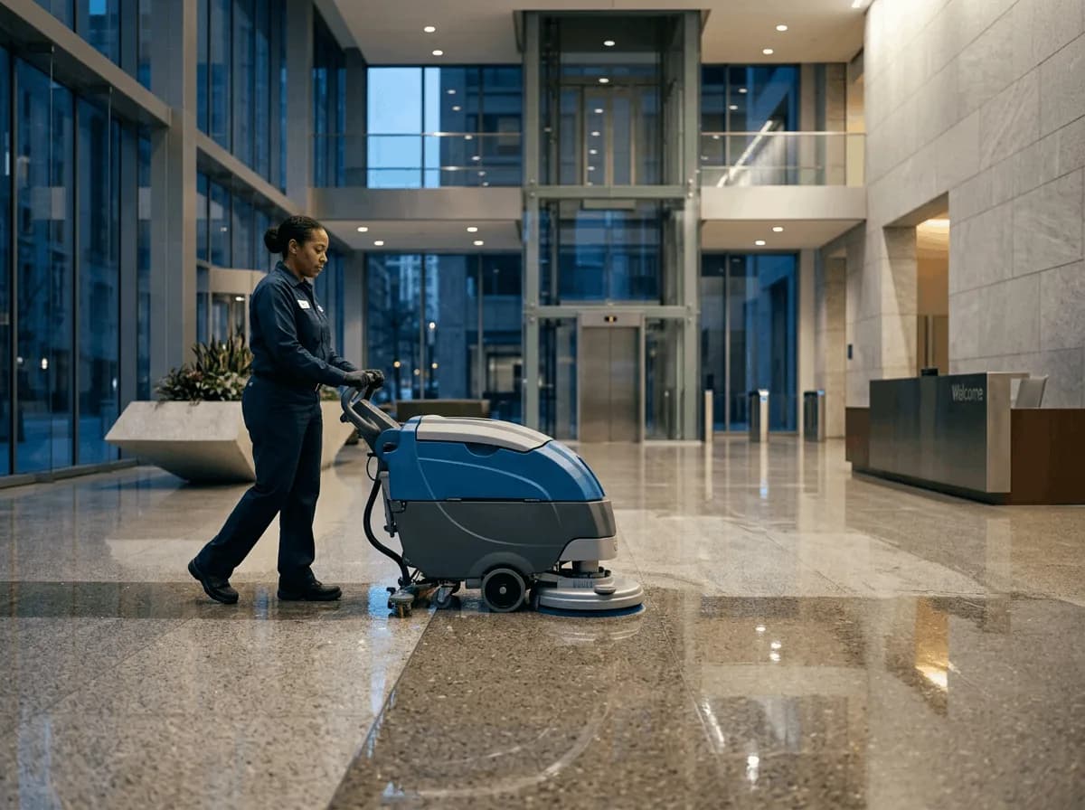 Cleaner operating a floor-scrubbing machine in a commercial building lobby