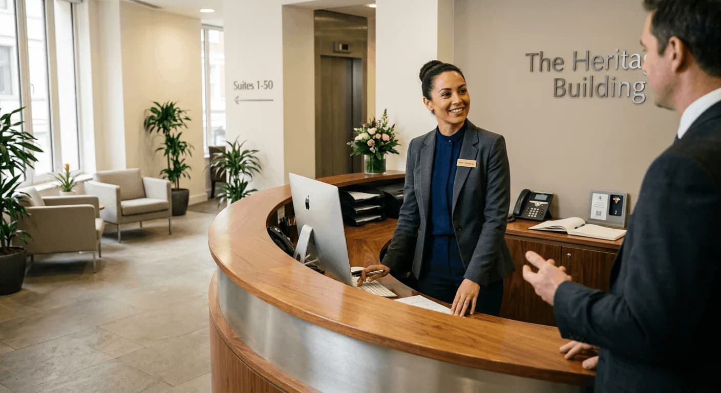 Reception desk inside a modern office building