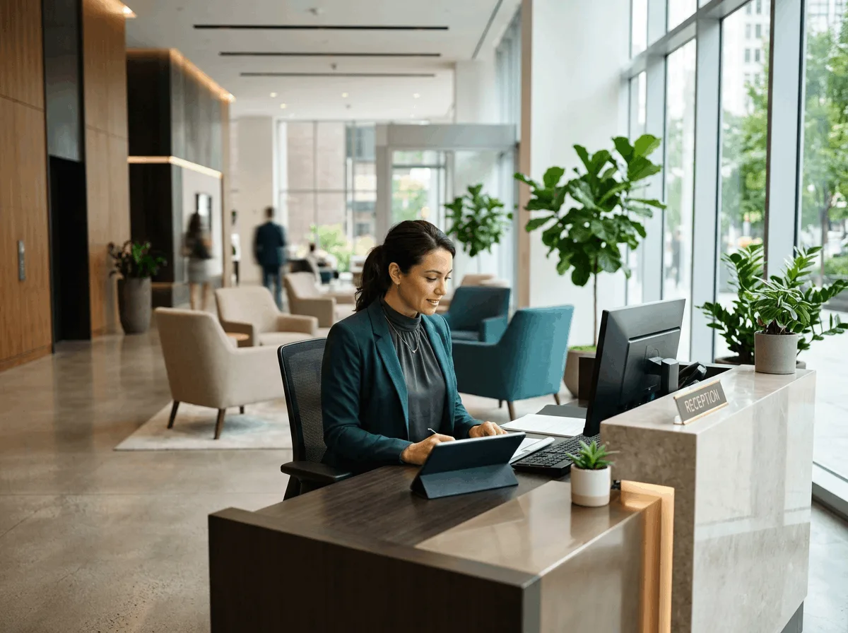 Concierge working at a reception desk in a modern building lobby