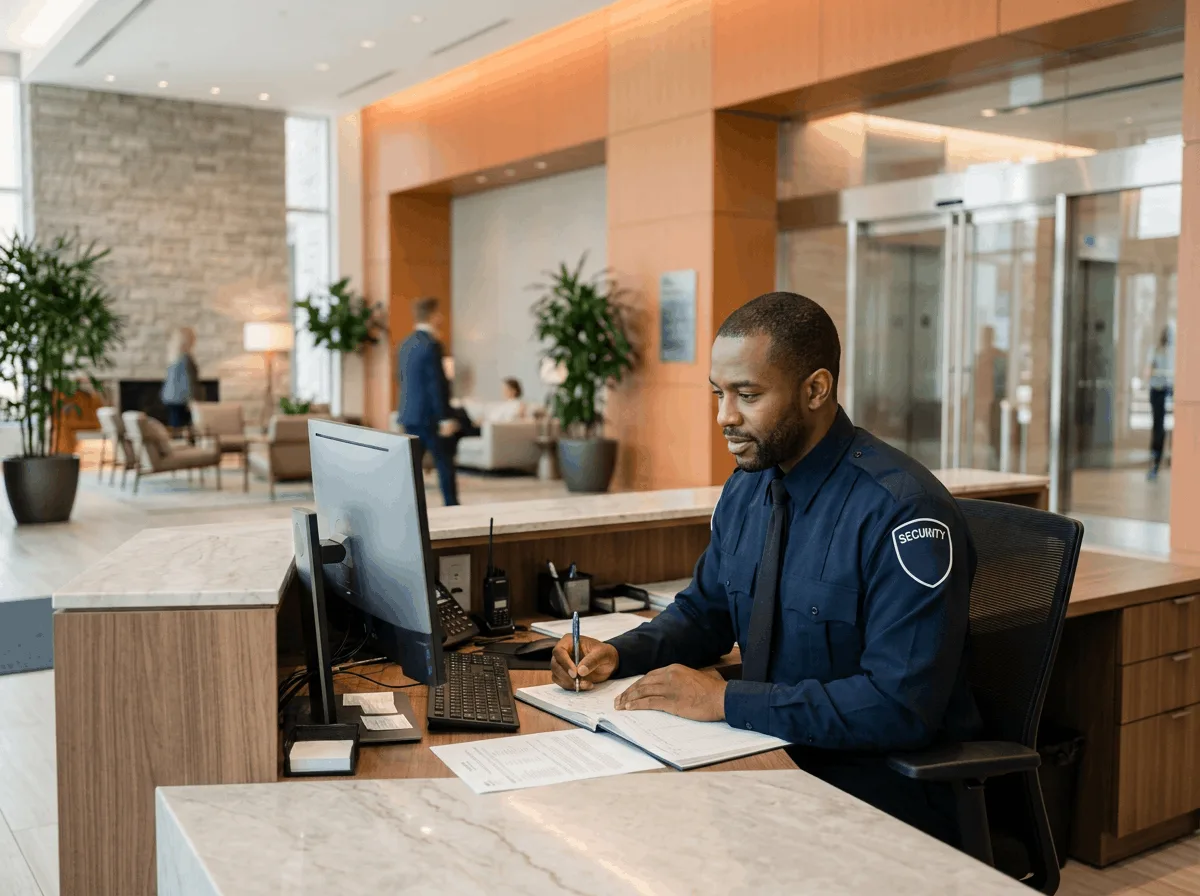 Uniformed security guard at a front-desk console in a building lobby